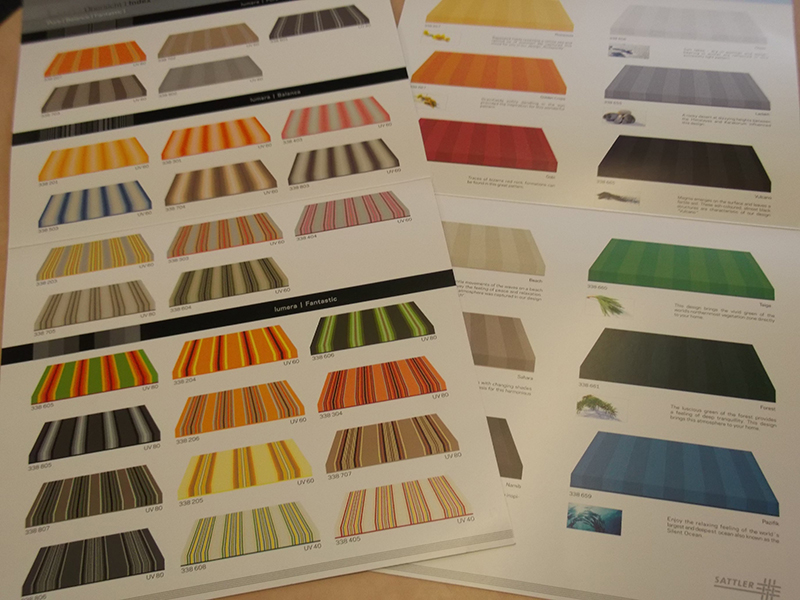 Available colour swatches for an awning installation